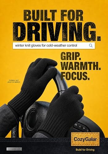 Black knit winter driving gloves gripping a steering wheel