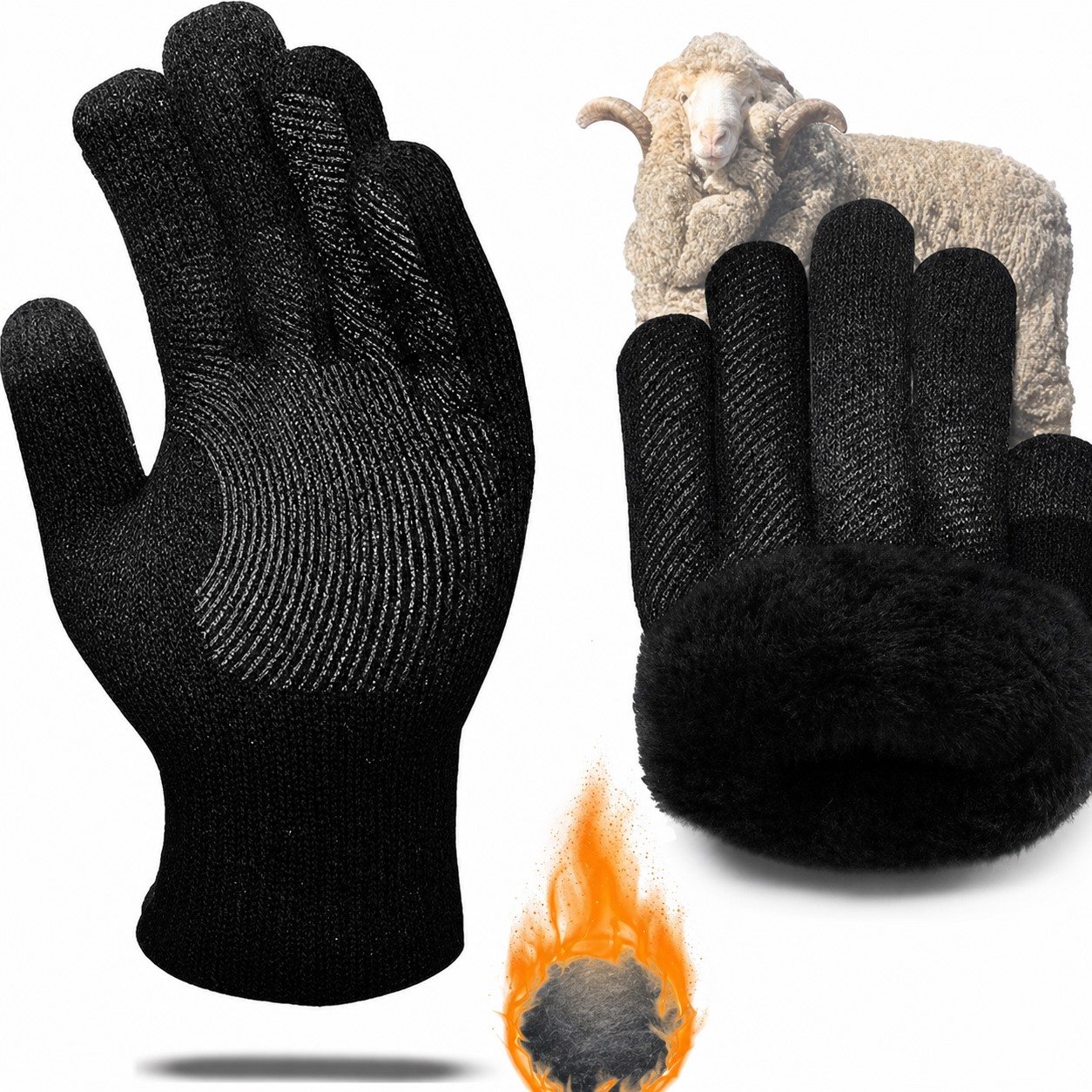 CozyGalar black wool-blend fleece-lined winter gloves shown front and back