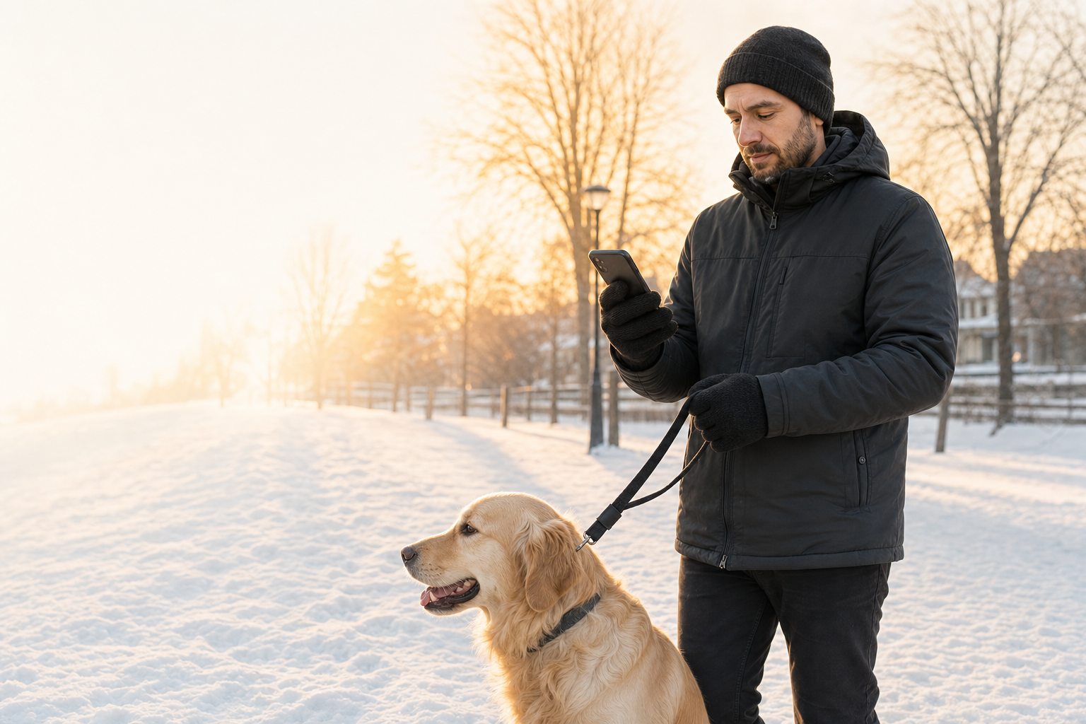 Man wearing knit gloves while walking a golden retriever in winter