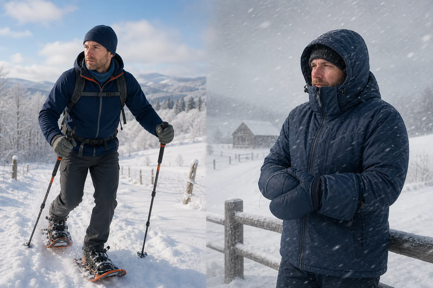 What Are the Best Winter Gloves for Extreme Cold? Active snowshoer in lighter gloves beside a stationary person wearing bulky mittens in blowing snow
