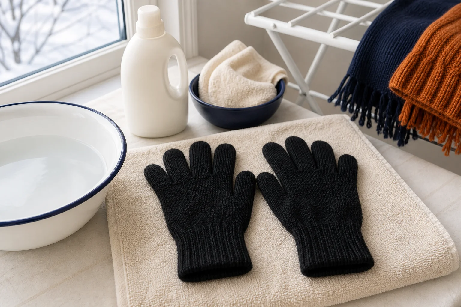 Black knit winter gloves reshaped and laid flat on a cream towel to air dry