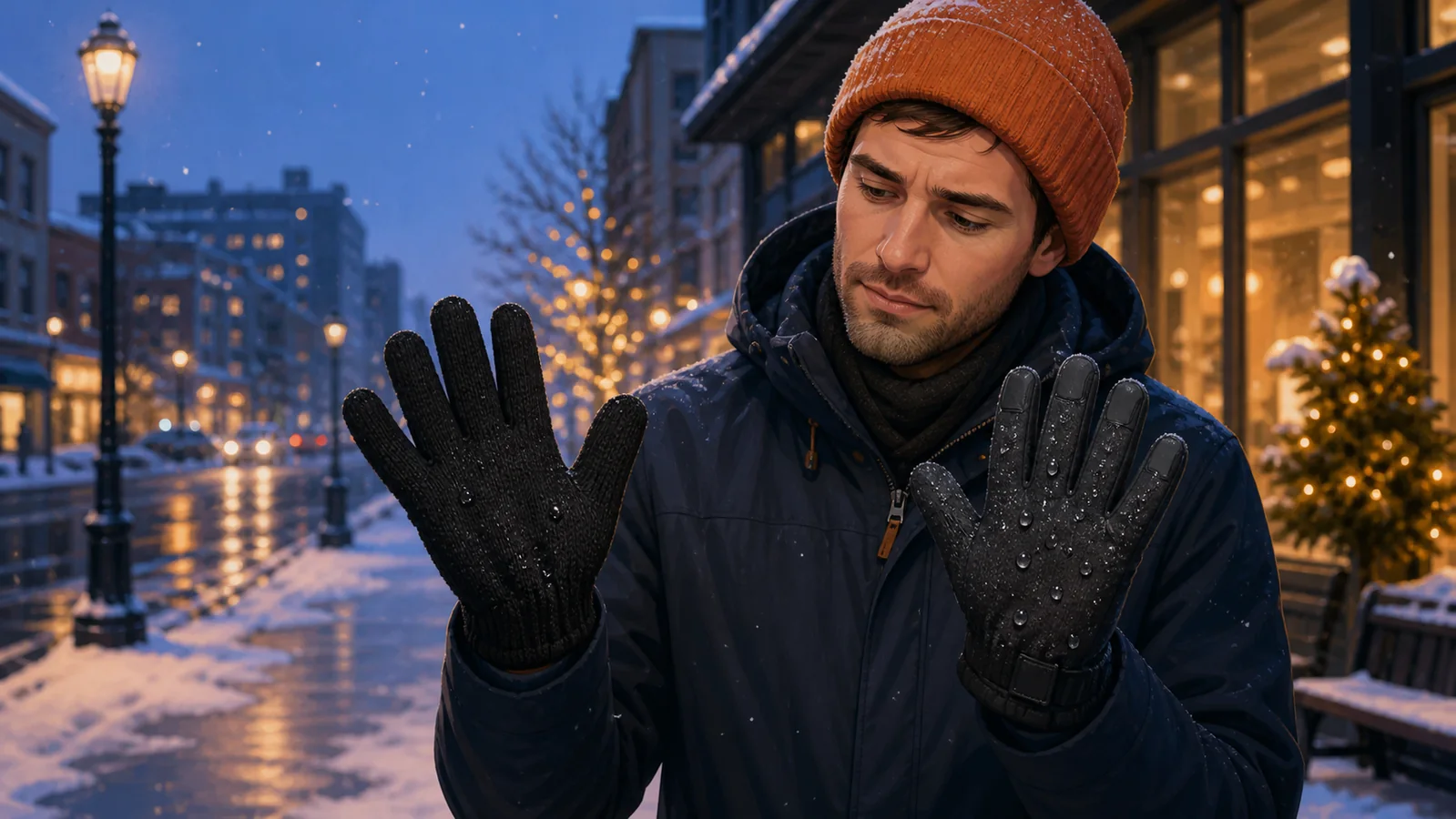 Are Knit Gloves Waterproof? What to Know Before Rain or Snow Man comparing ordinary knit gloves with water-beading technical winter gloves in wet snow