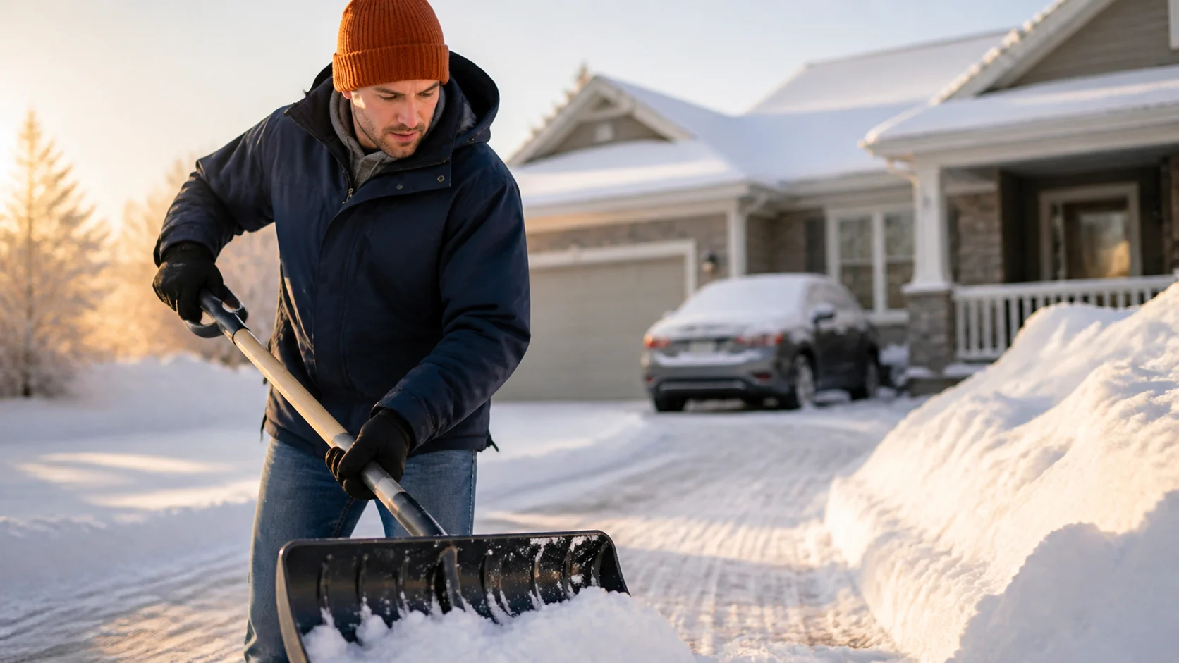 Man in waterproof insulated gloves shoveling snow from a suburban driveway