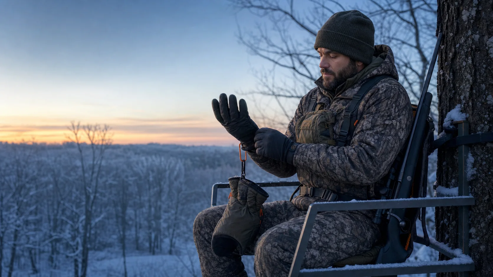 Cold-weather hunter checking insulated glove fit in a snowy treestand at dawn