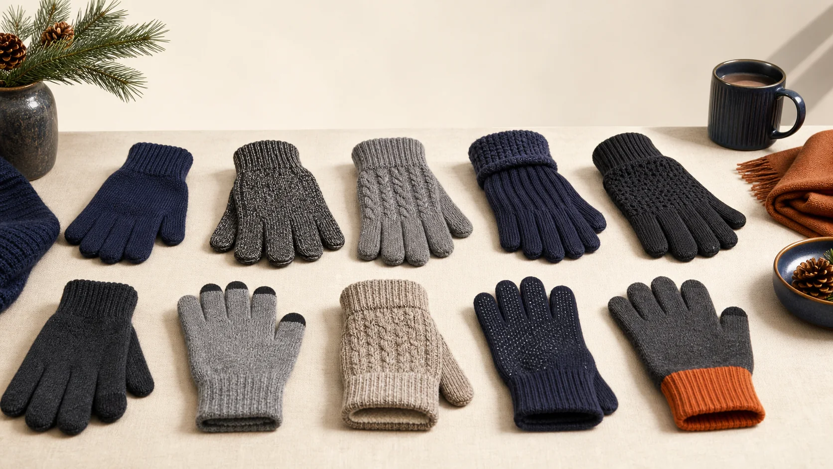 Ten generic knit winter glove styles for men arranged for comparison on a cream table