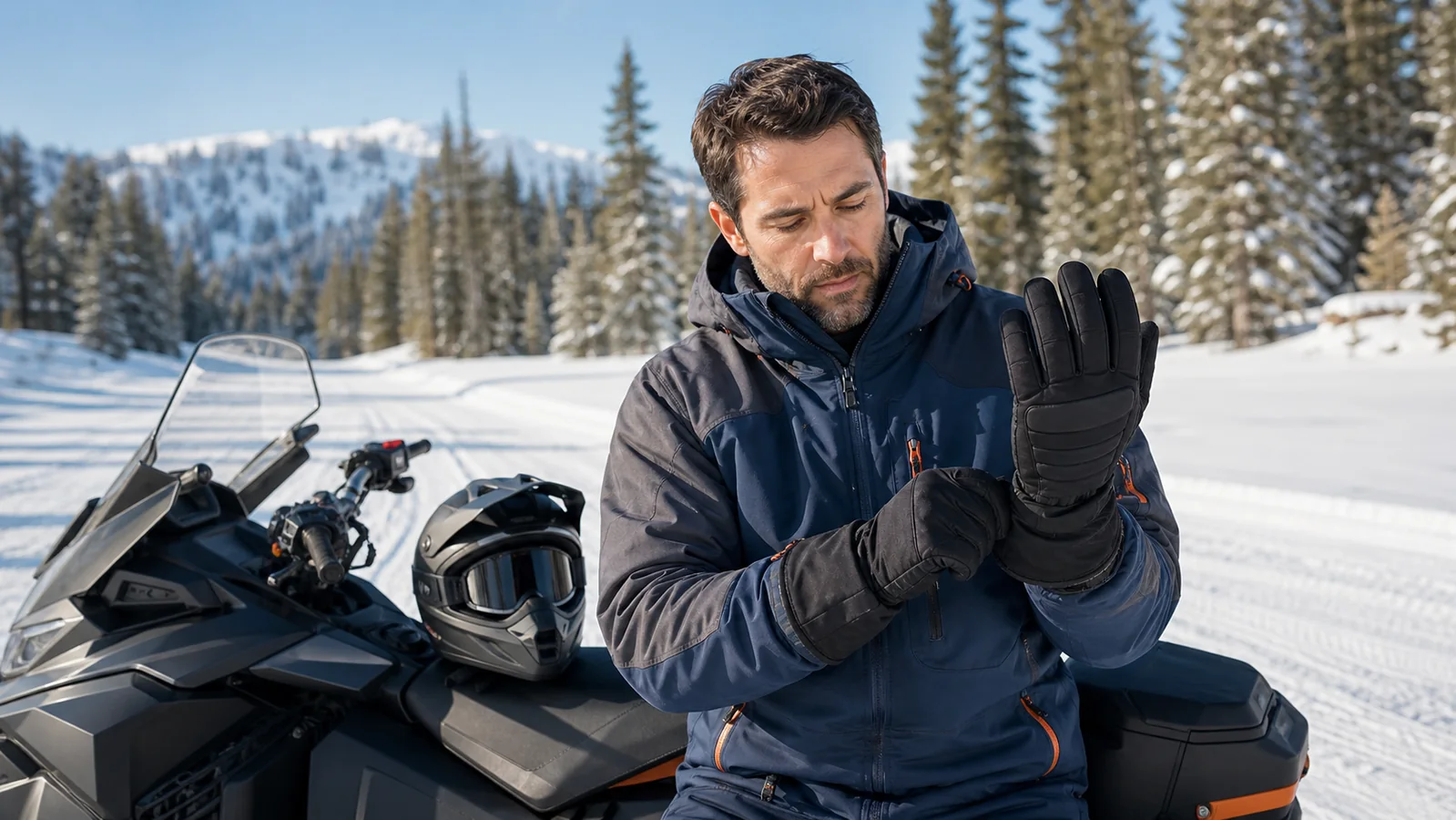 Snowmobile rider checking the cuff and fit of black technical winter gloves on a snowy trail