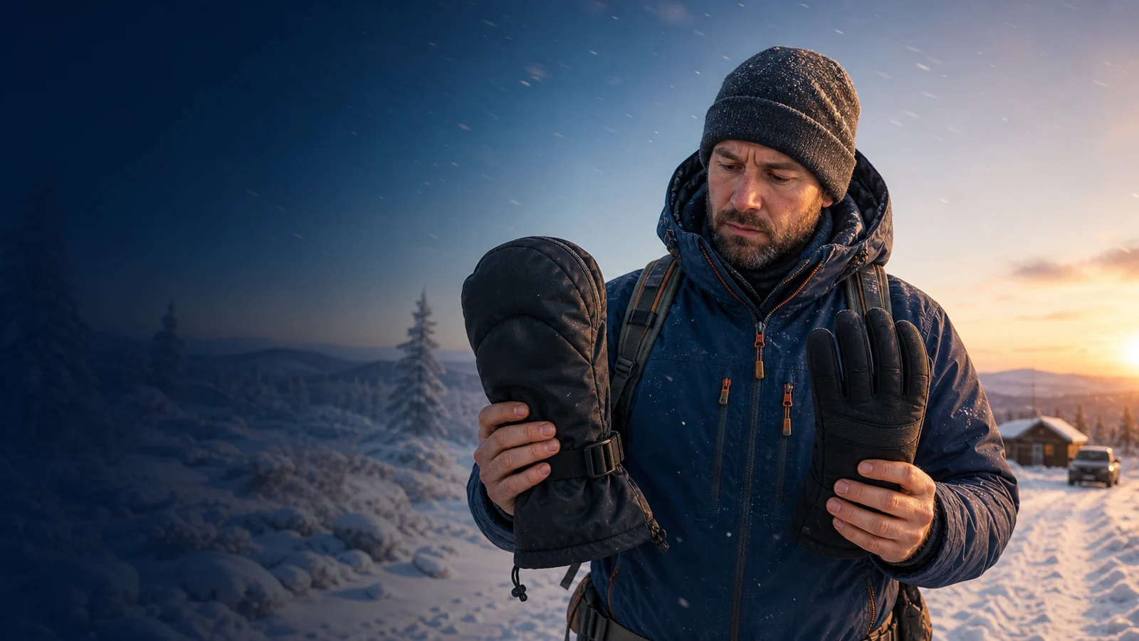 Man comparing an insulated winter glove and a mitten during an extreme-cold weather warning