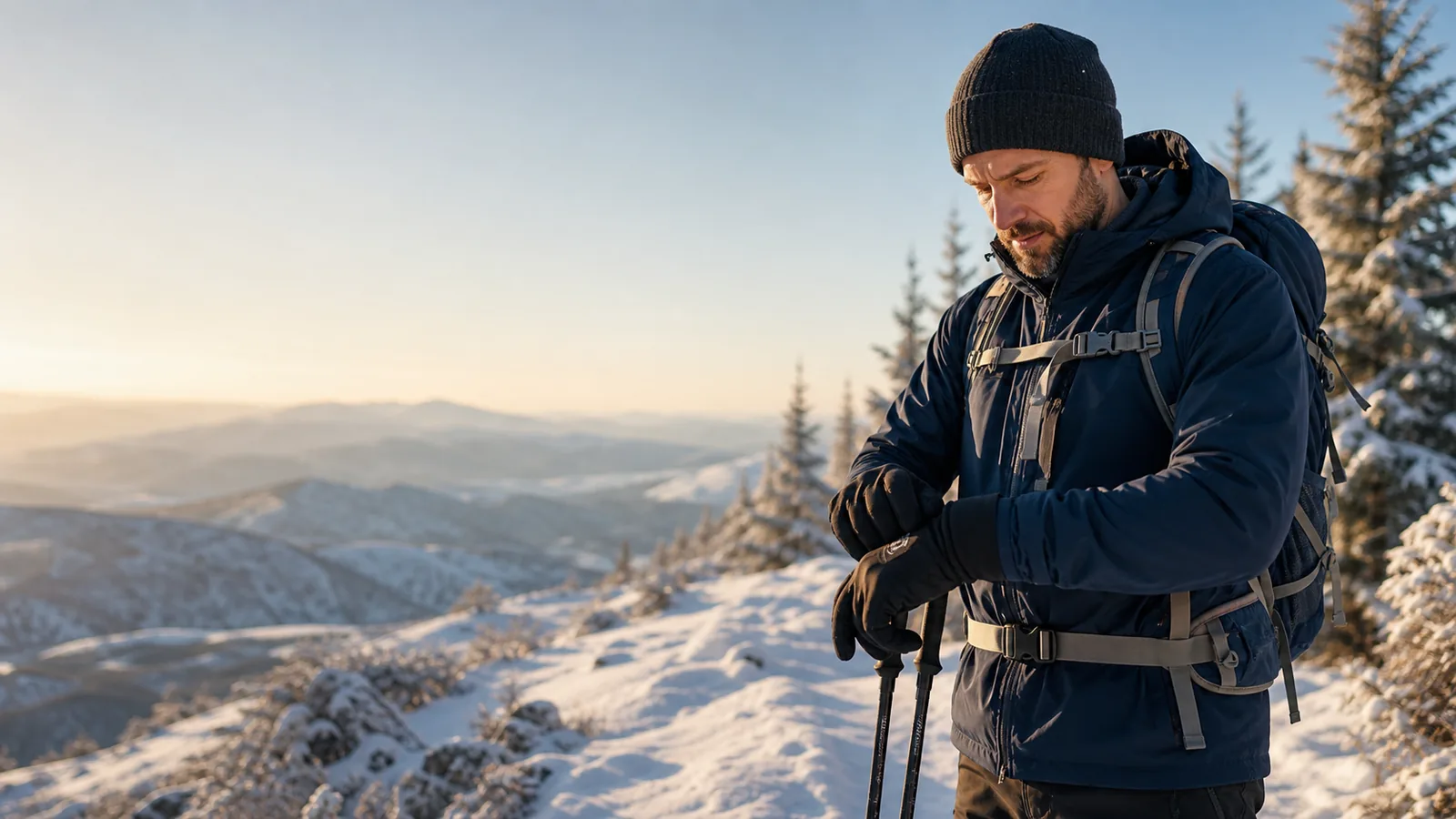 Winter hiker adjusting technical gloves on a snowy mountain trail
