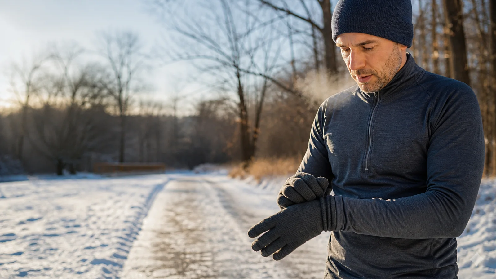 Runner adjusting dark knit gloves before a winter run on a snow-dusted park trail