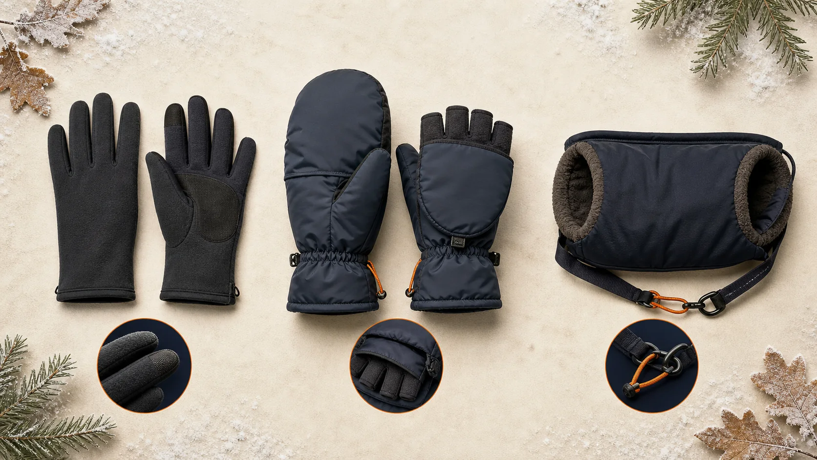 Flat lay of a thin hunting glove, insulated trigger mitt, and waist hand muff