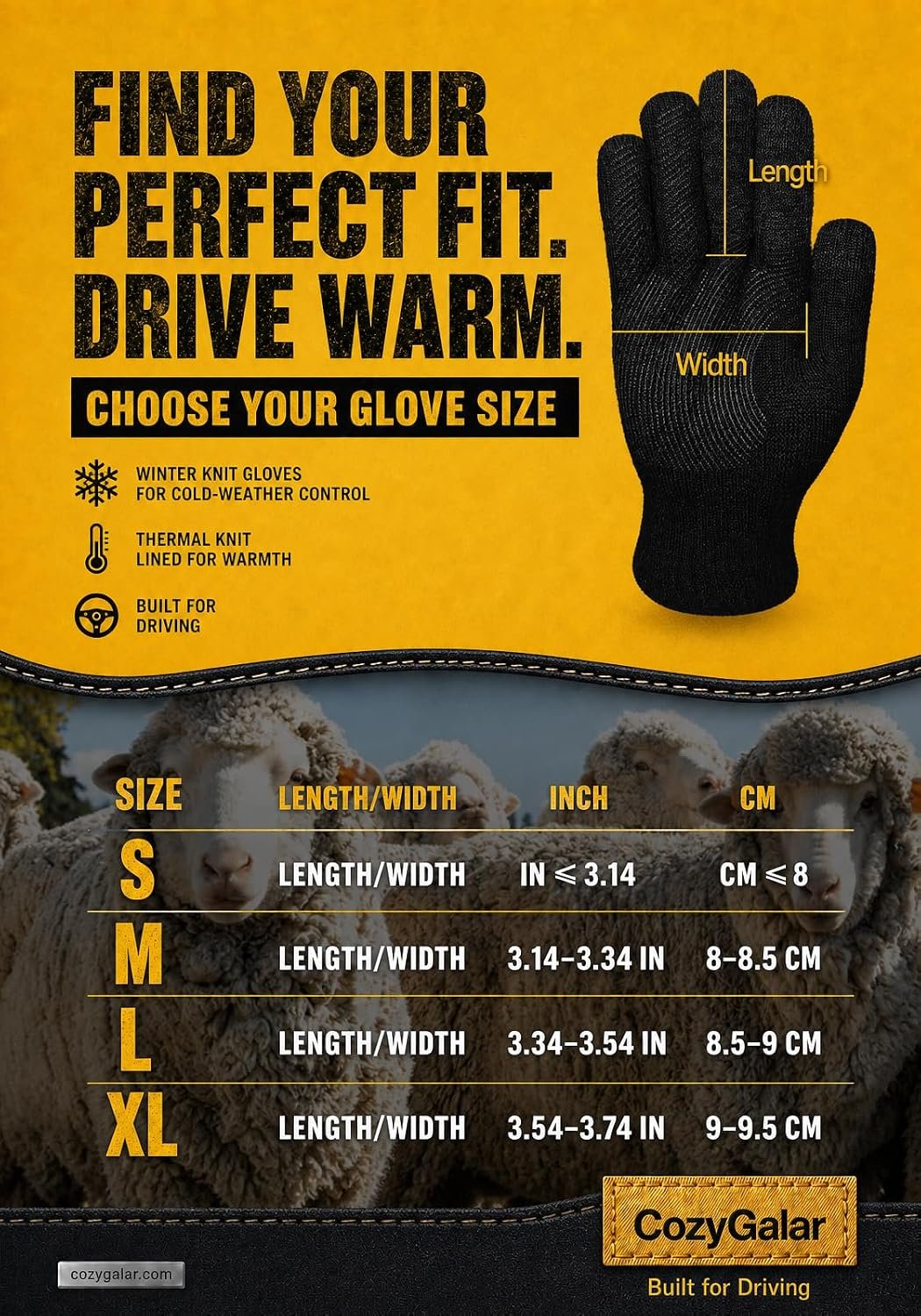 CozyGalar winter glove size guide for S, M, L, and XL