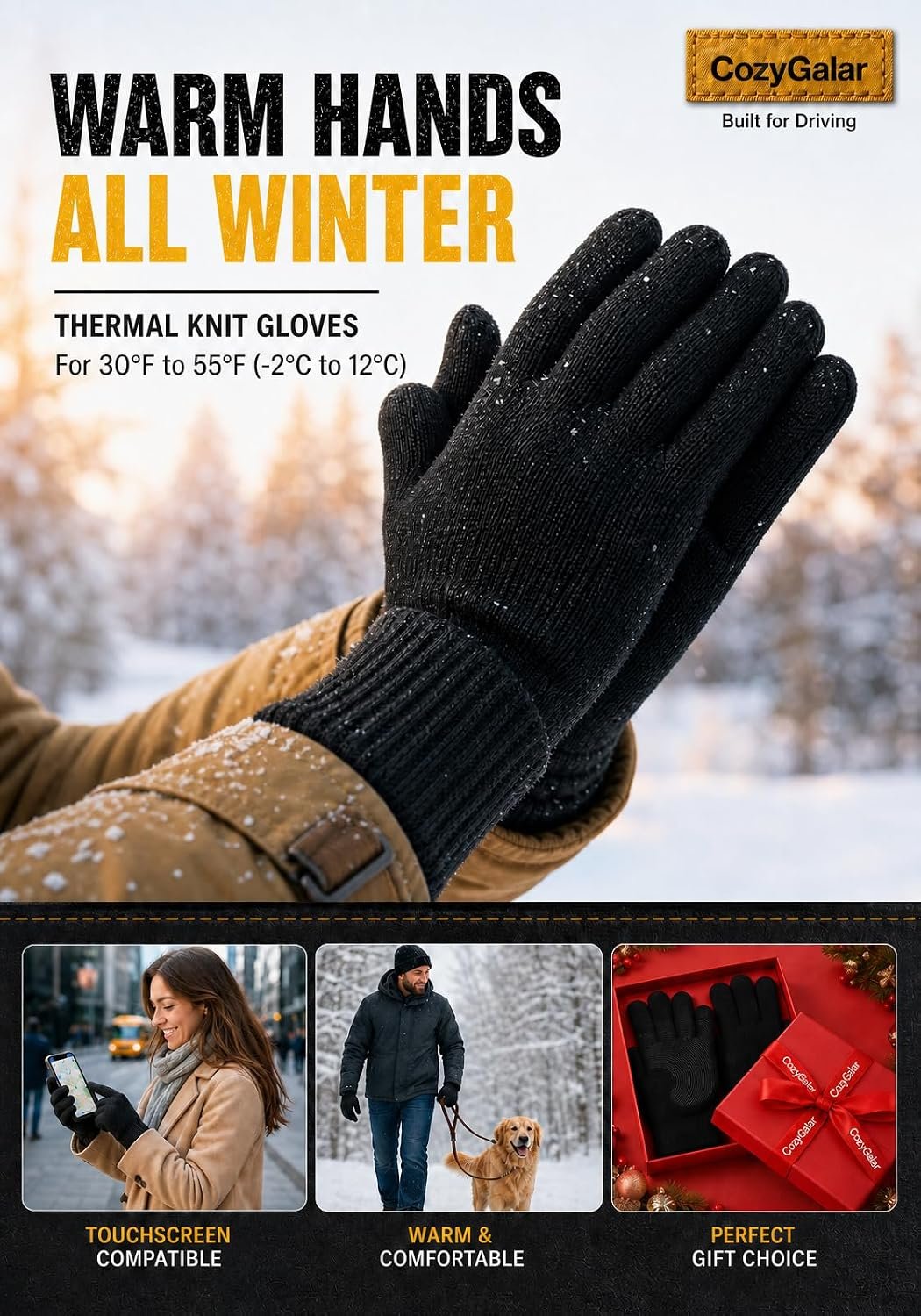 CozyGalar winter gloves worn in snow with touchscreen, dog walking, and gift use examples