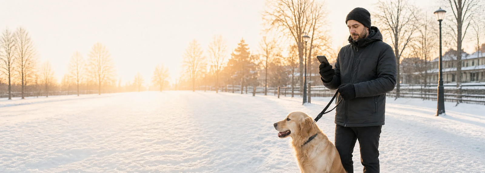 Man wearing CozyGalar winter gloves while walking a dog in a snowy park