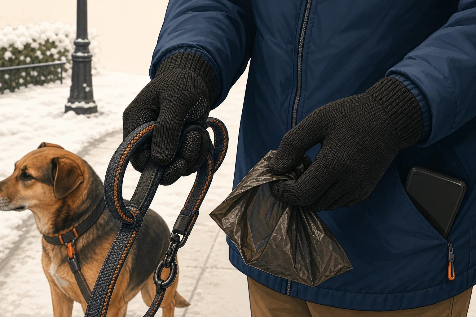 Gloved hands holding a loop leash and opening a dog-waste bag during a winter walk