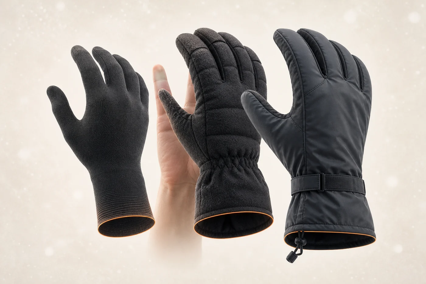 What Are the Best Winter Gloves for Extreme Cold? Exploded illustration of a glove liner, insulated middle glove, and weather-protective mitten shell