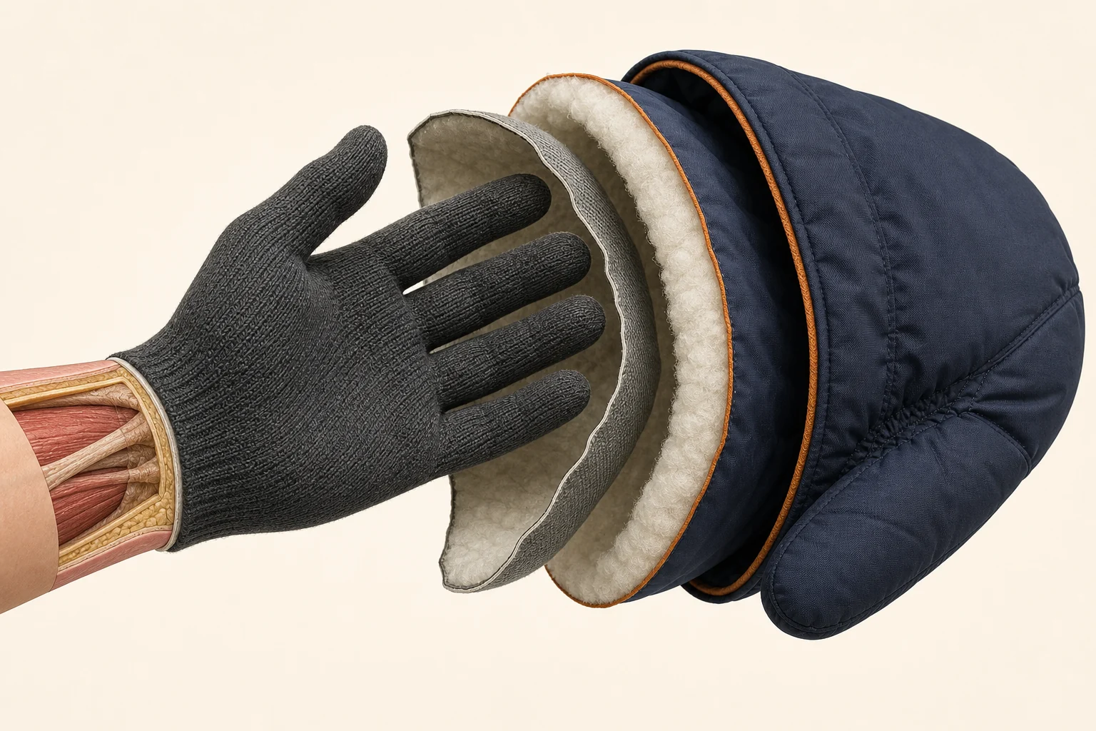 Cutaway illustration showing a thin knit liner, insulating space, and a weather-protective mitten shell