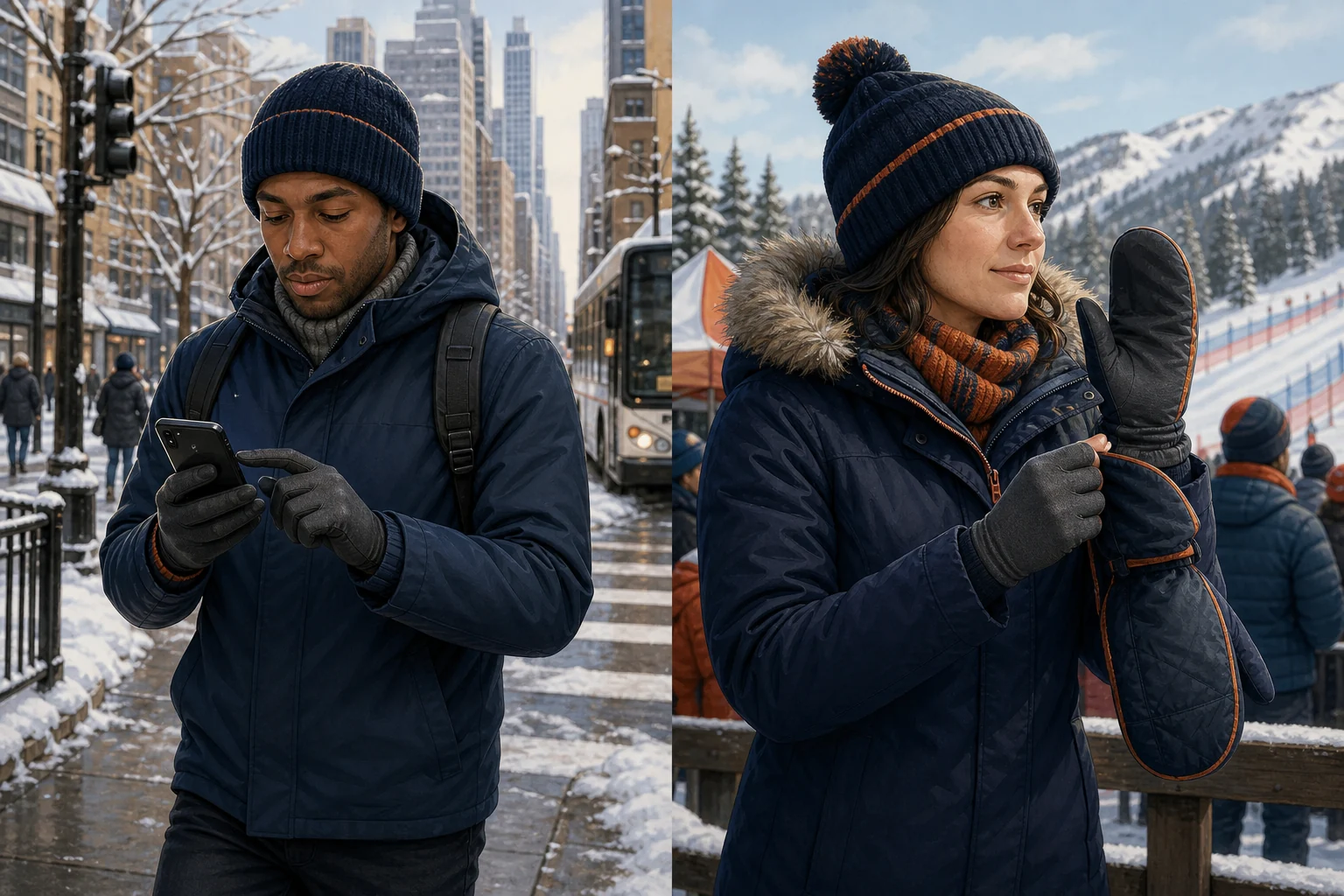 Commuter using liner gloves beside a stationary winter spectator using liners under mittens