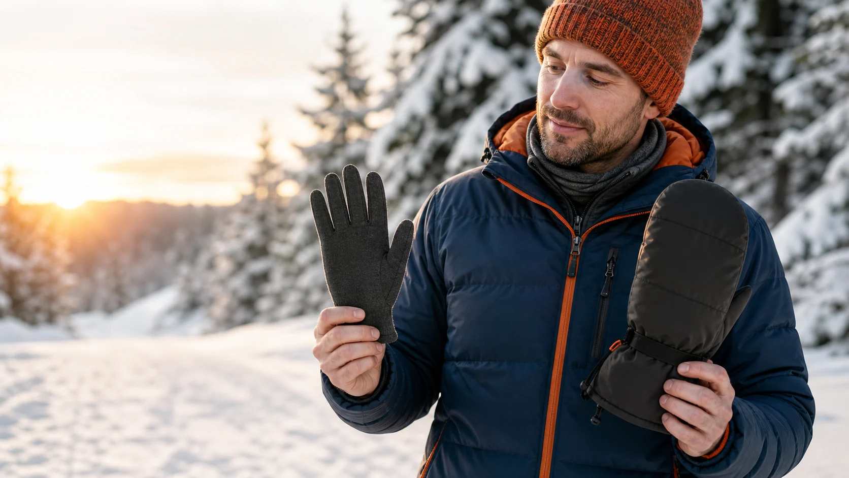 Man comparing a thin glove liner with a roomy insulated mitten on a snowy morning