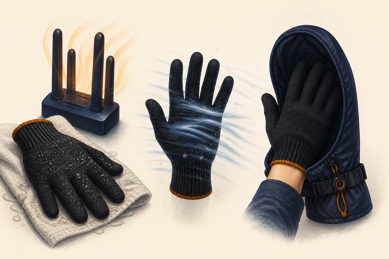Illustration showing a damp glove drying, wind passing through knit, and a glove layered inside a mitten shell