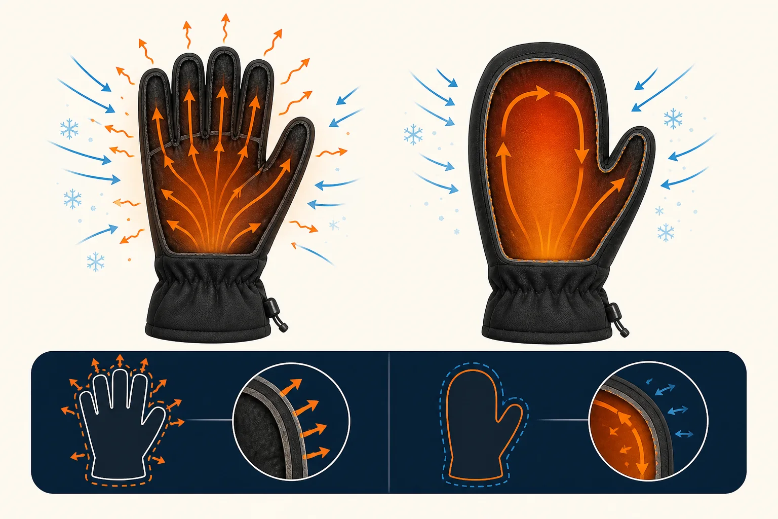 Cutaway comparison of shared heat in a mitten and separated finger chambers in a glove