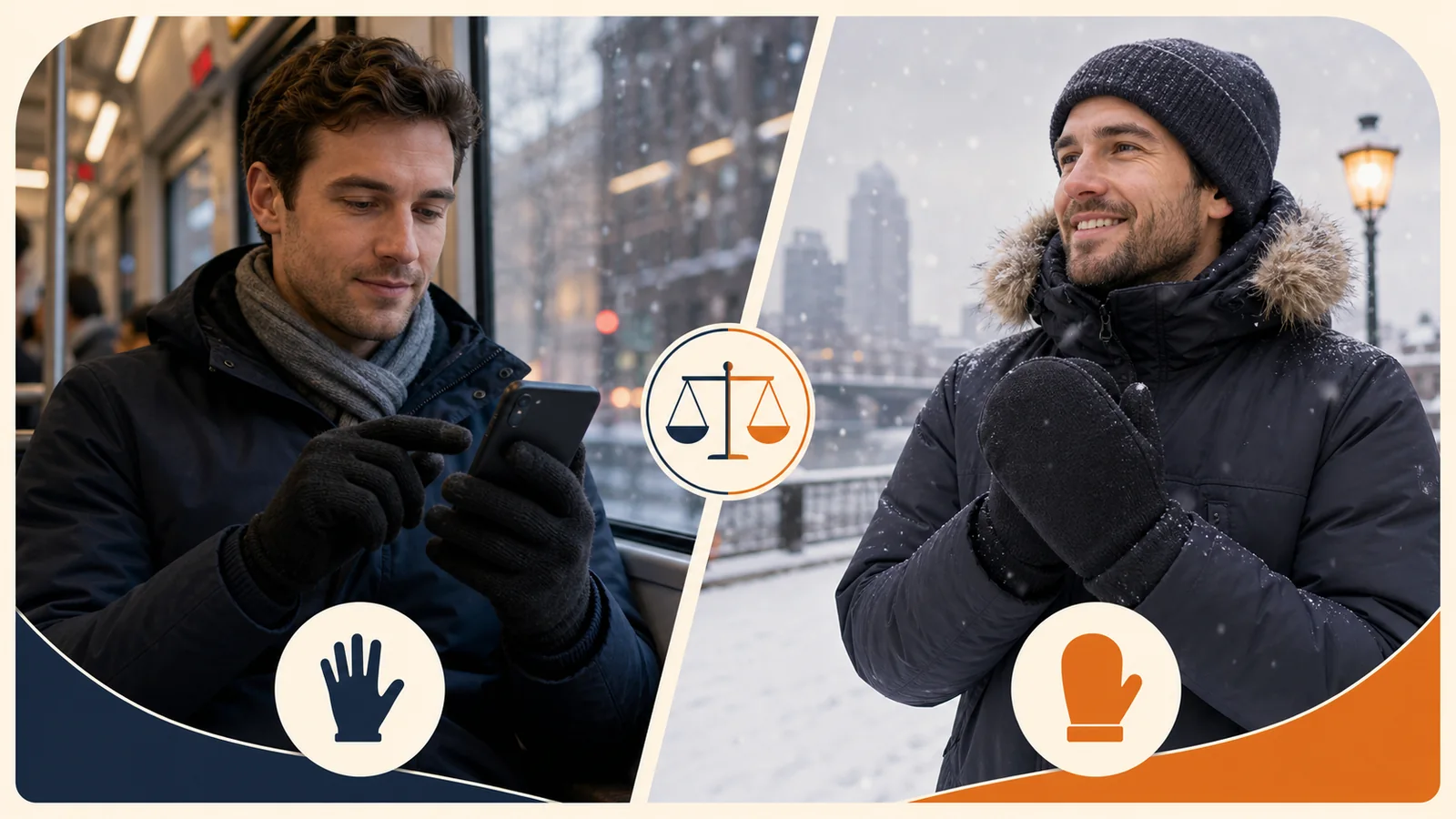 Man choosing between warm mittens and touchscreen winter gloves on a snowy city path