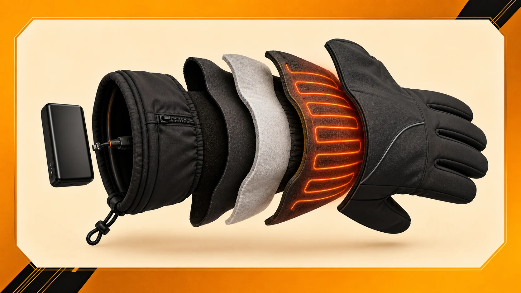 Exploded illustration of a generic heated glove showing battery, insulation, heating layer, and outer shell