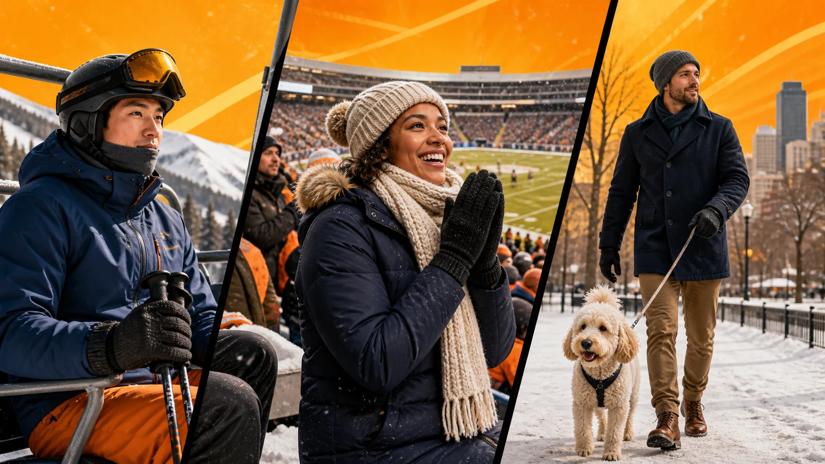 Skier, outdoor sports spectator, and dog walker comparing winter glove needs
