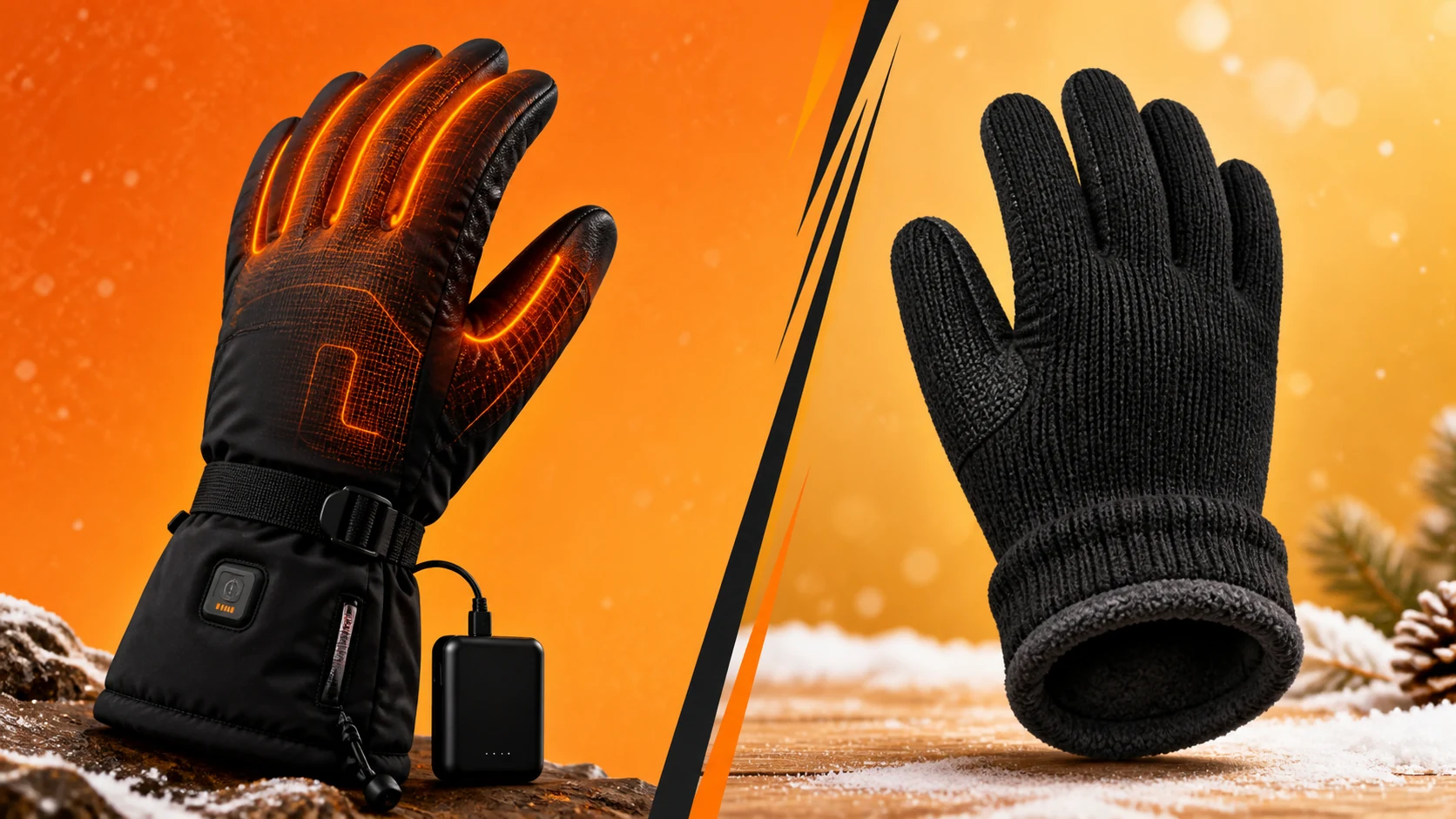 Generic heated winter glove compared with a fleece-lined knit glove on an orange winter background