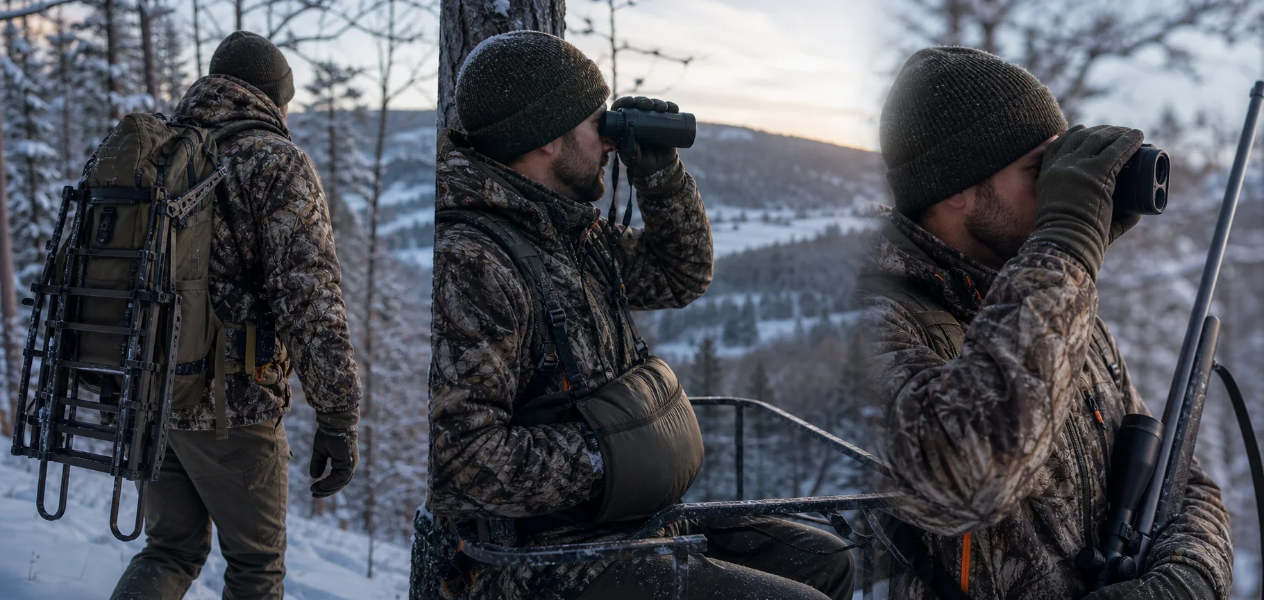 Hunter hiking in insulated gloves, glassing with hands in a muff, and using a rangefinder in thin gloves