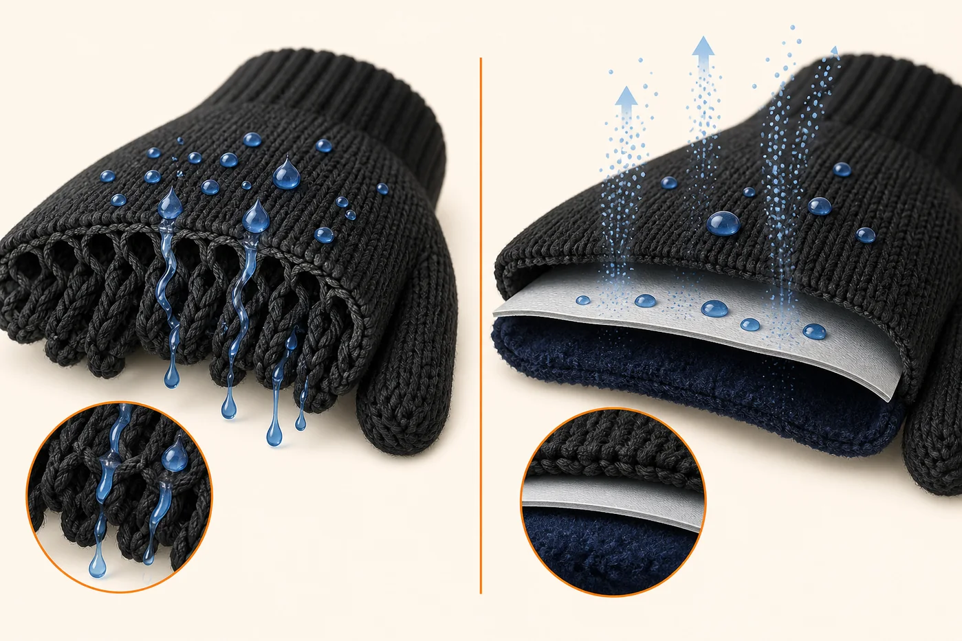 Are Knit Gloves Waterproof? What to Know Before Rain or Snow Cutaway comparison of ordinary open knit and a three-layer glove with a waterproof membrane