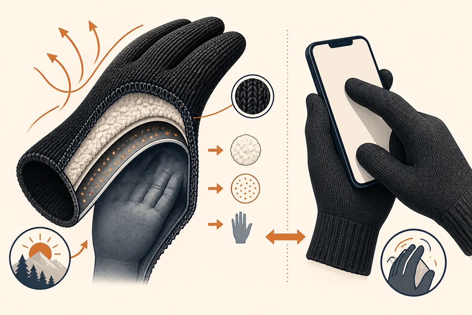 Cutaway illustration comparing a fleece-lined knit glove with a thinner touchscreen knit glove