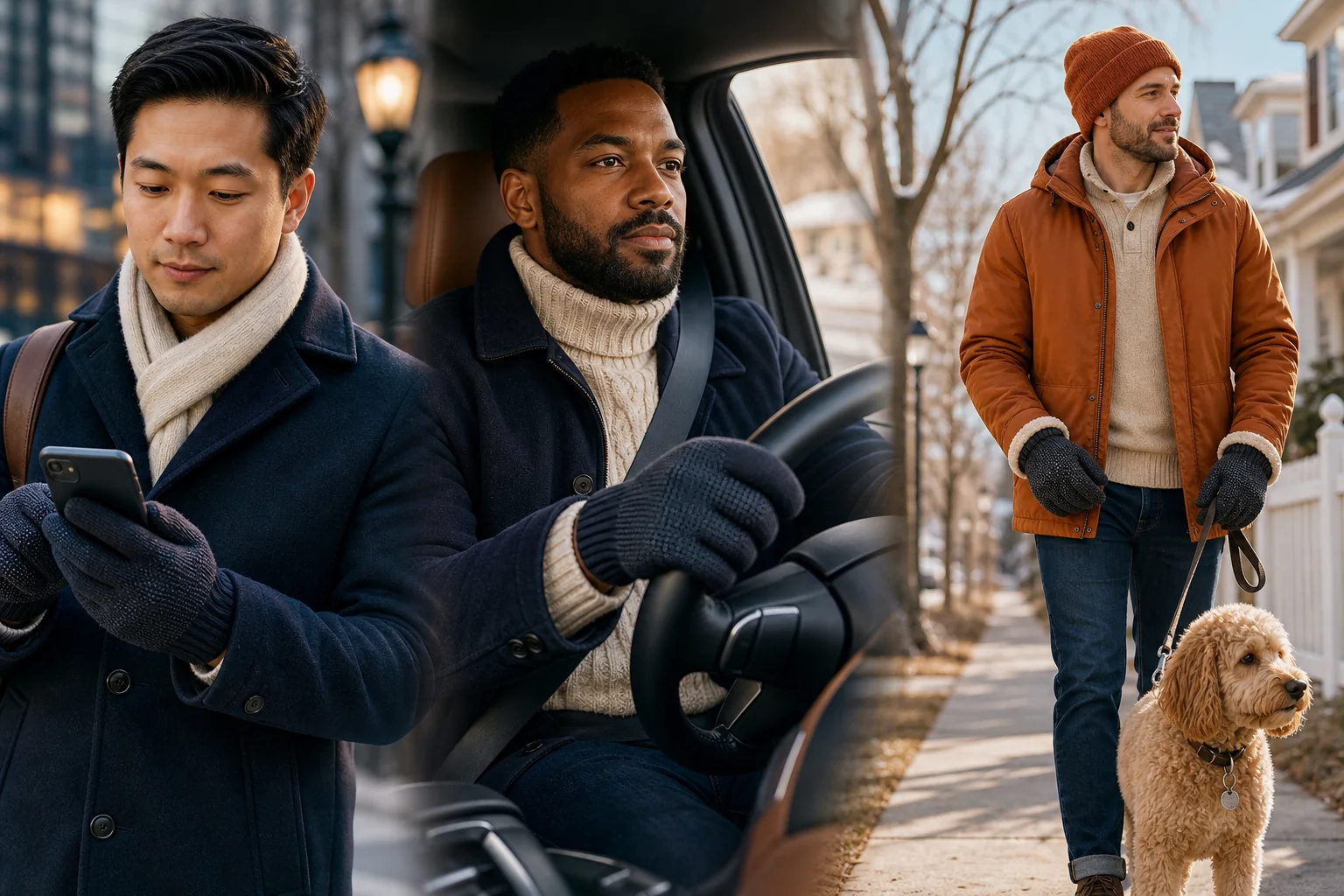 Men using knit gloves while commuting with a phone, driving and walking a dog