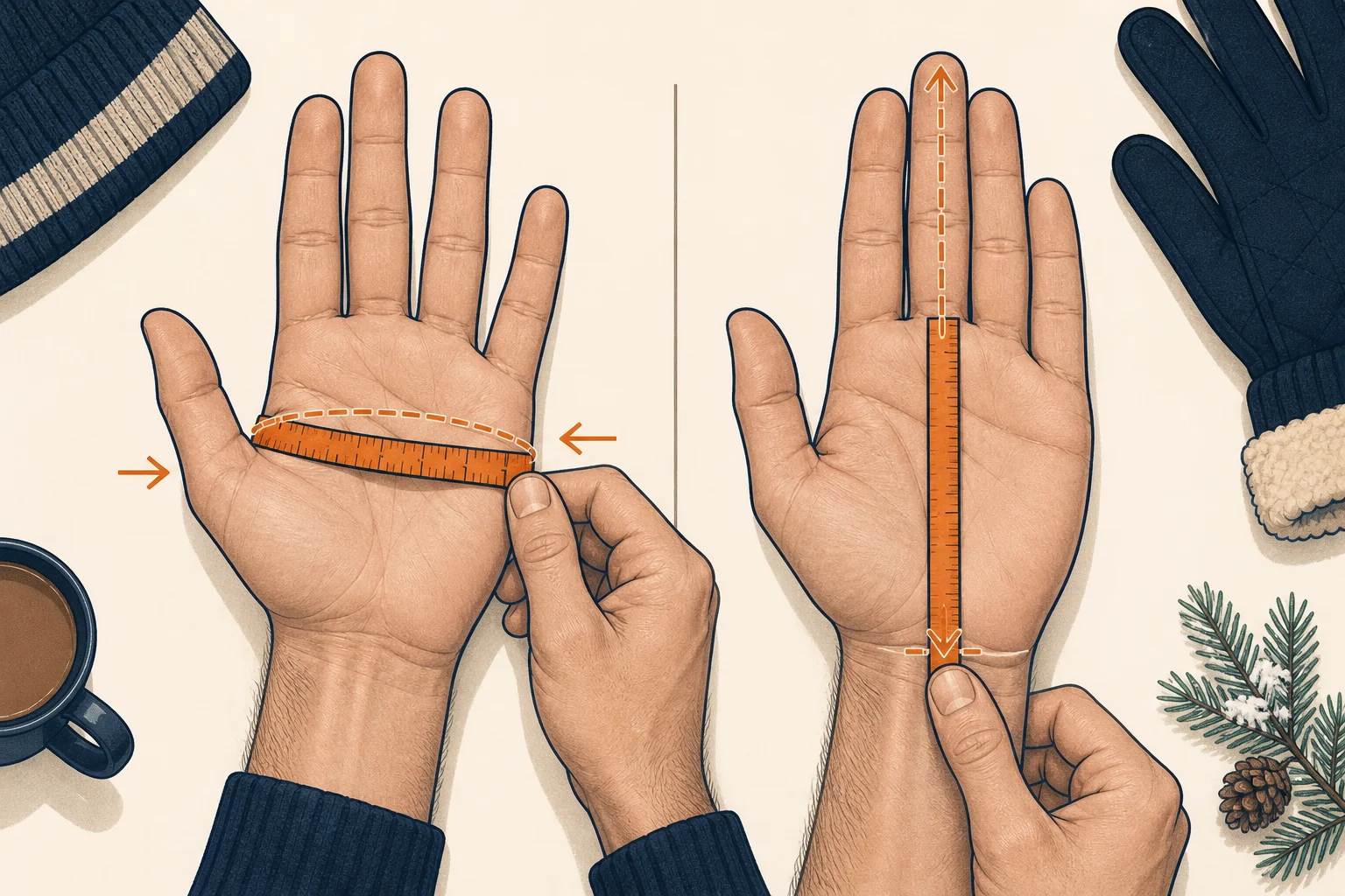 Two ways to measure a hand for winter gloves using palm circumference and hand length