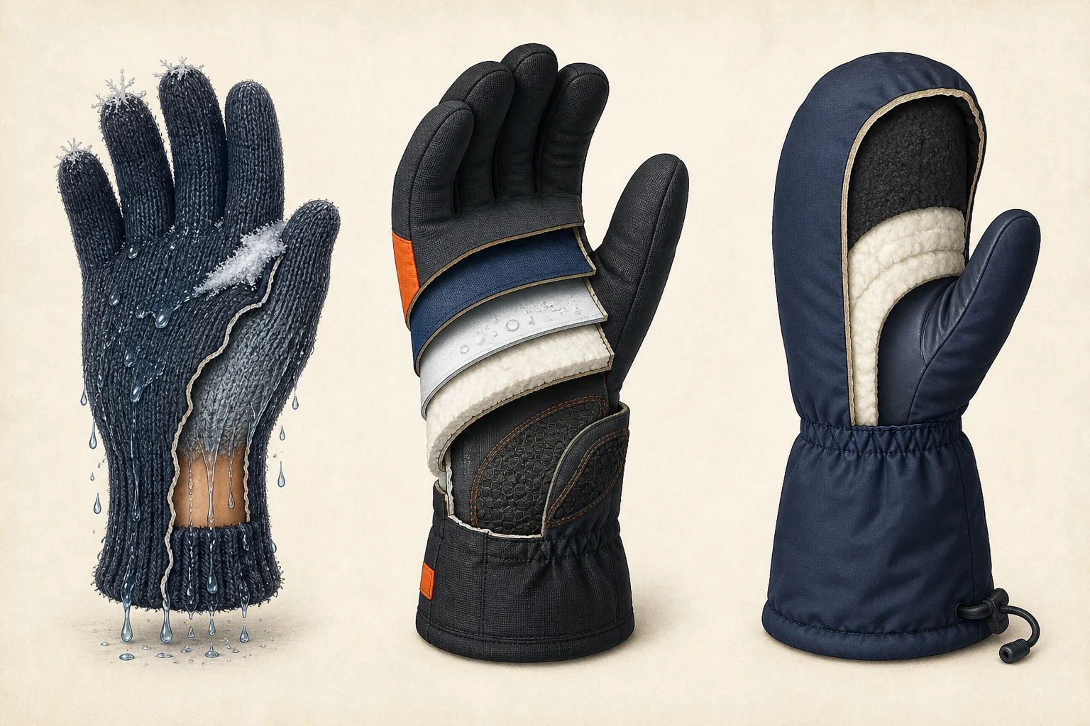 Cutaway comparison of a wet knit glove, an insulated waterproof work glove, and a warm mitten
