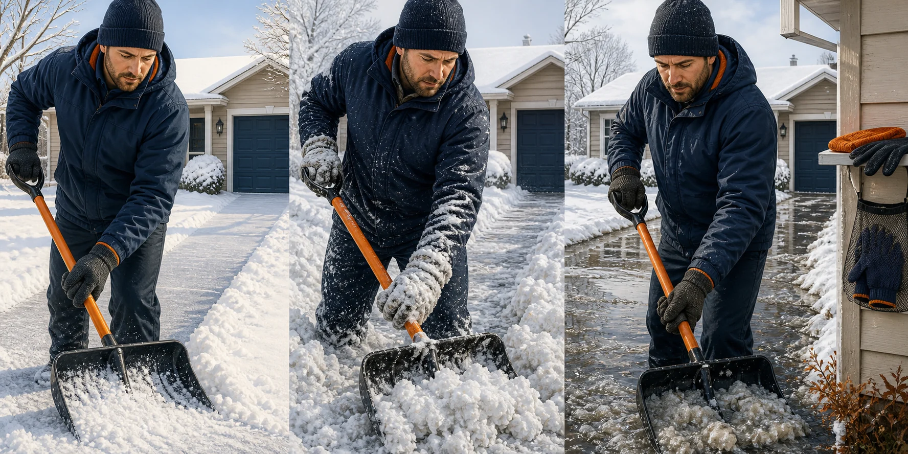 Snow shoveling in dry powder, wet heavy snow, and slush with a dry spare pair nearby