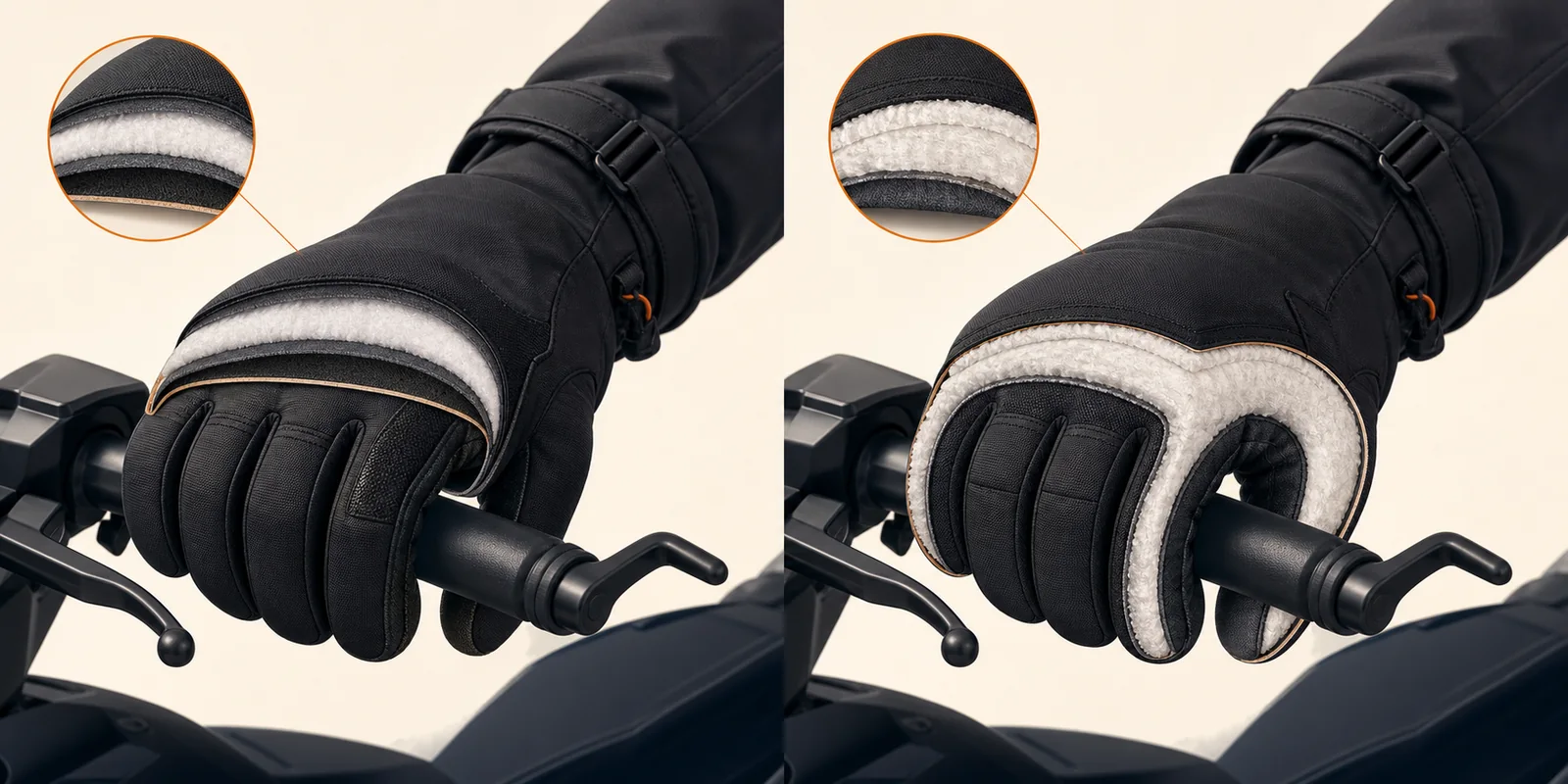 Cutaway comparison of a snowmobile glove with backhand-focused insulation and a glove with heavy all-around insulation