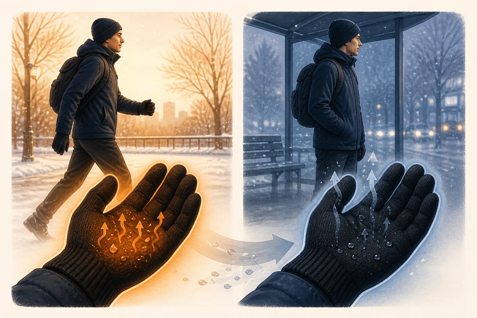 Why Do My Hands Sweat in Winter Gloves and Then Feel Cold? Illustration of heat and moisture building during winter activity followed by cooling after stopping