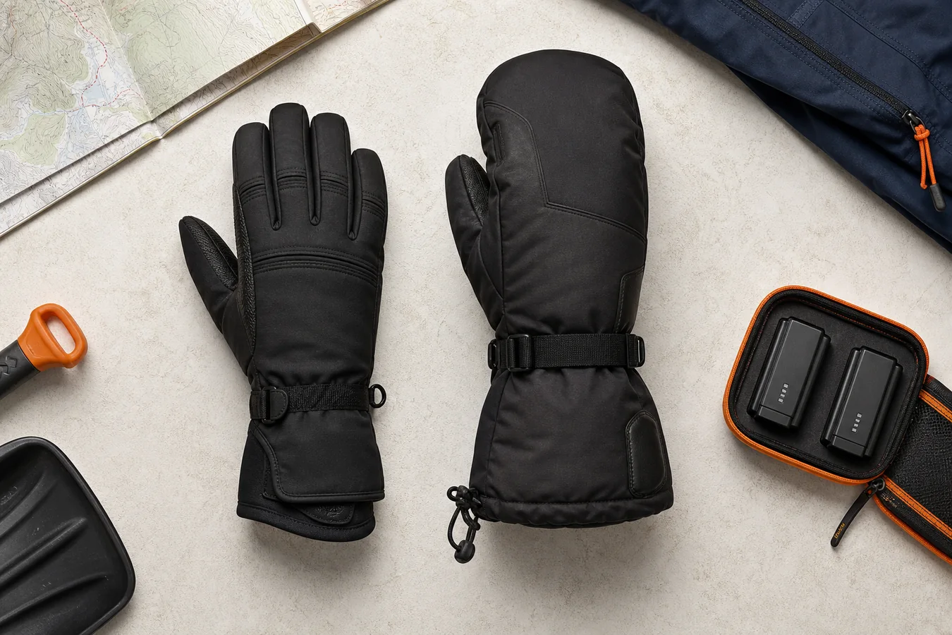 Flat-lay two-glove snowmobile system with a slim technical glove, warm trigger mitt, and spare heated-glove batteries