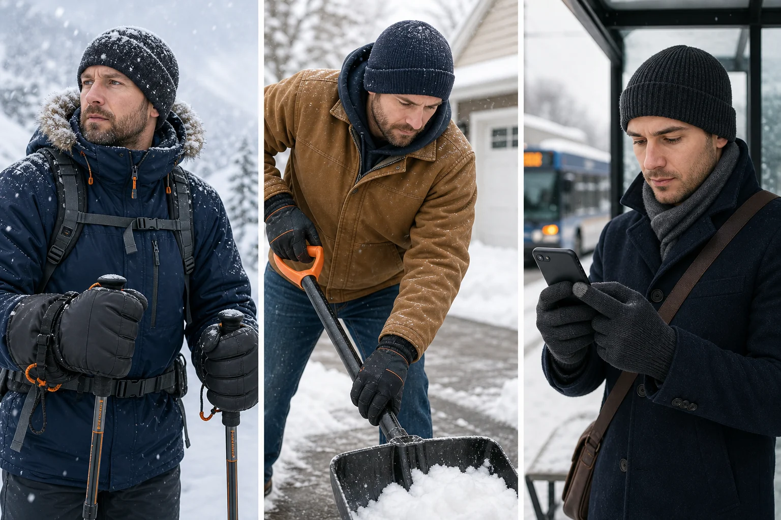 Three men comparing bulky snow gloves, insulated work gloves, and slim touchscreen commuter gloves in winter