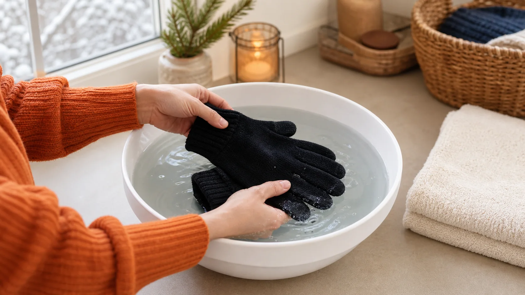 Hands gently washing black knit touchscreen gloves in a basin of cool water