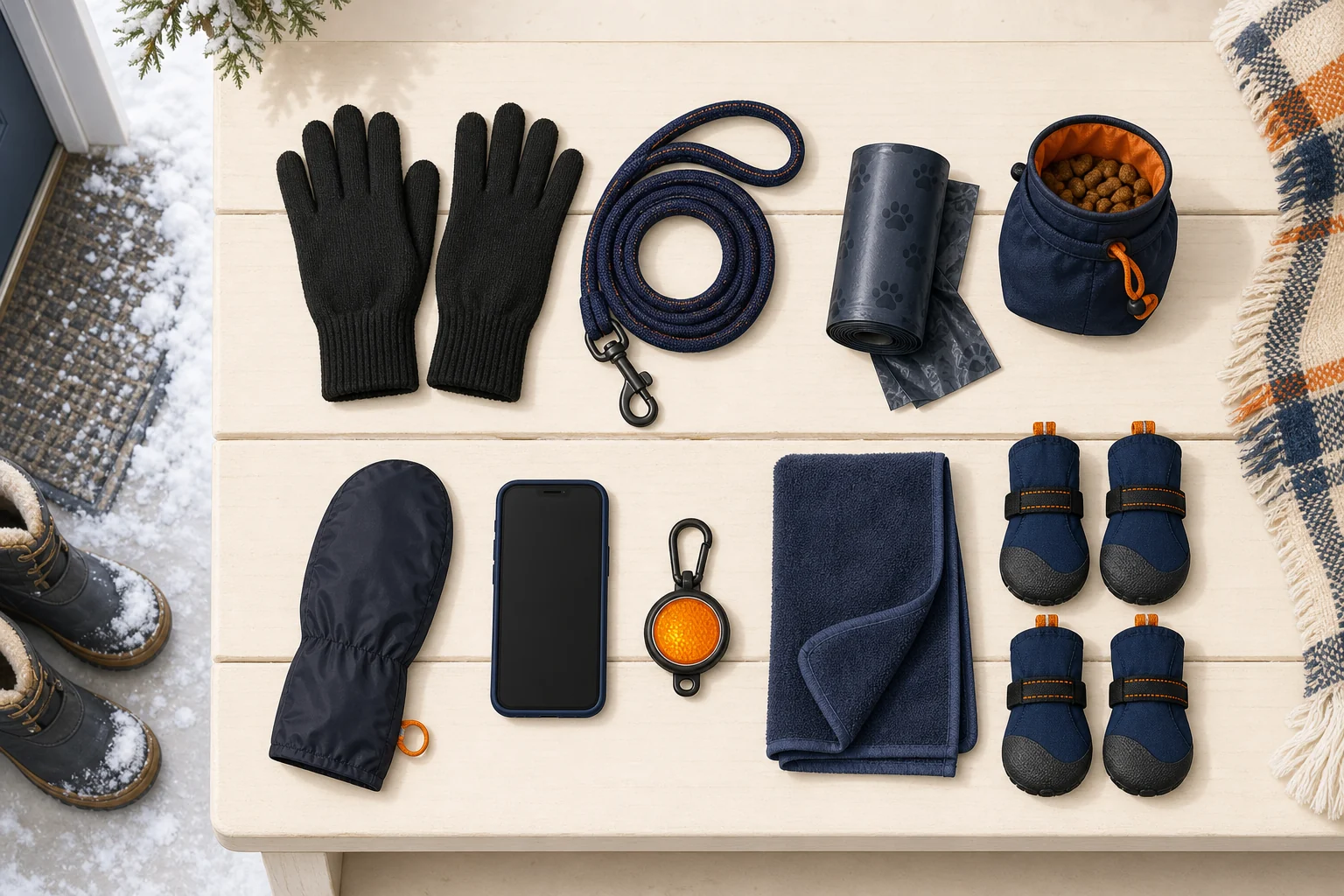 Winter dog-walk gear arranged with gloves, leash, waste bags, phone, towel, reflective light, and dog booties