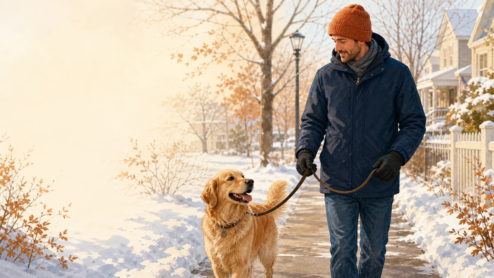 Man wearing winter gloves while walking a dog in snow