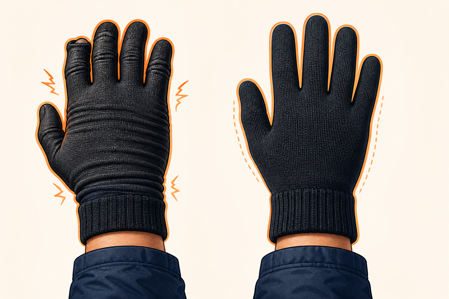 Illustration comparing an overly tight knit glove with a comfortable close-fitting glove