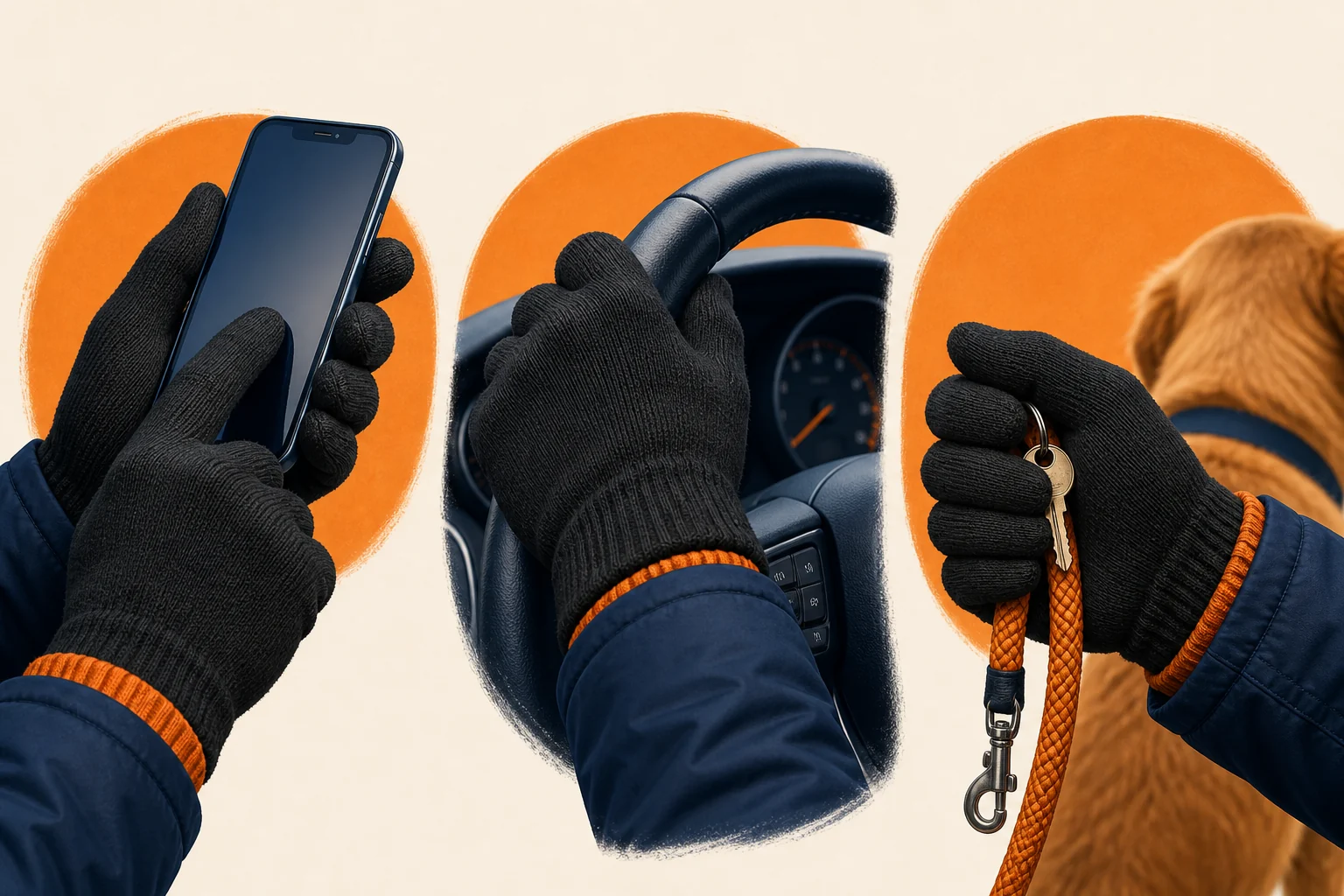 Winter glove fit tests using a smartphone, steering wheel, keys, and dog leash