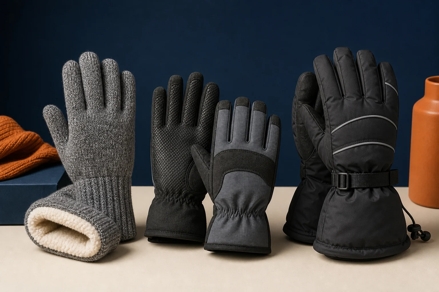 Comparison of fleece-lined knit gloves, insulated work gloves, and heavy waterproof snow gloves