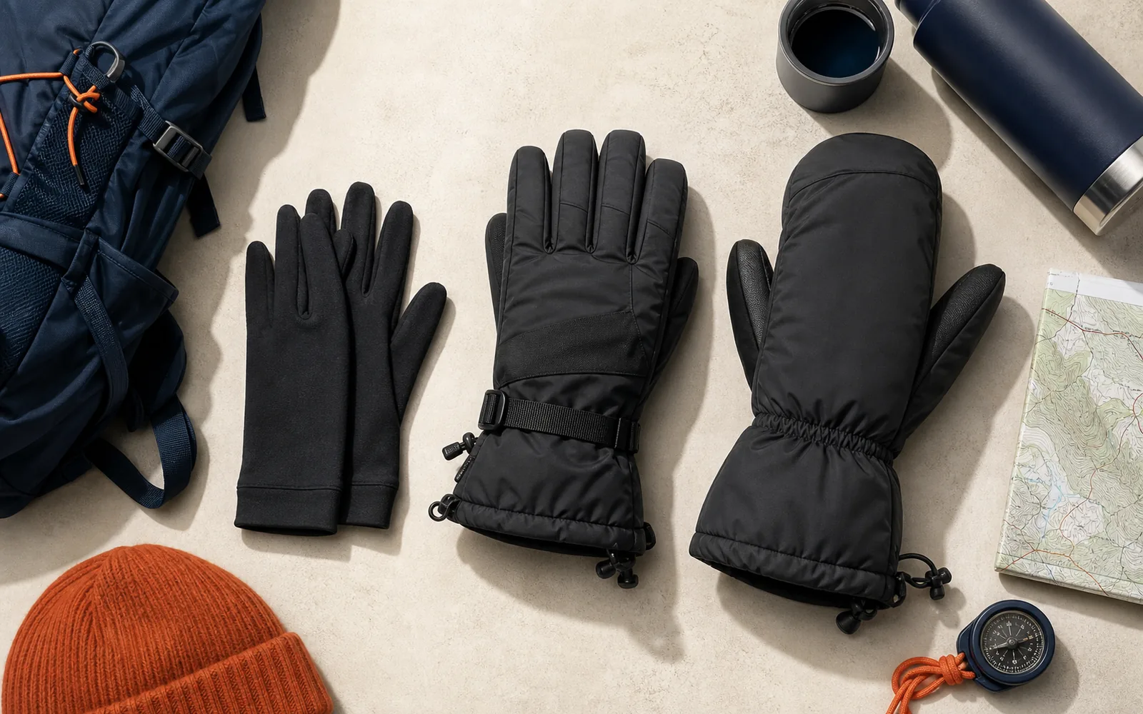 Flat lay of liner gloves, waterproof insulated gloves, and a warm backup mitten beside winter hiking gear