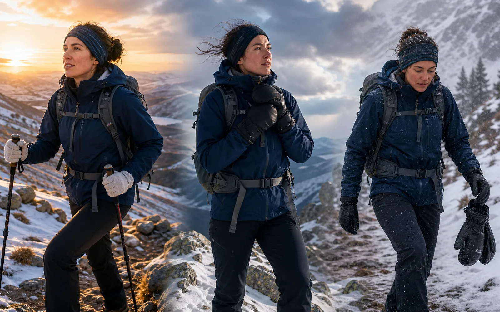 Winter hiker using light gloves uphill, insulated gloves at a windy stop, and carrying waterproof mitts during wet snow