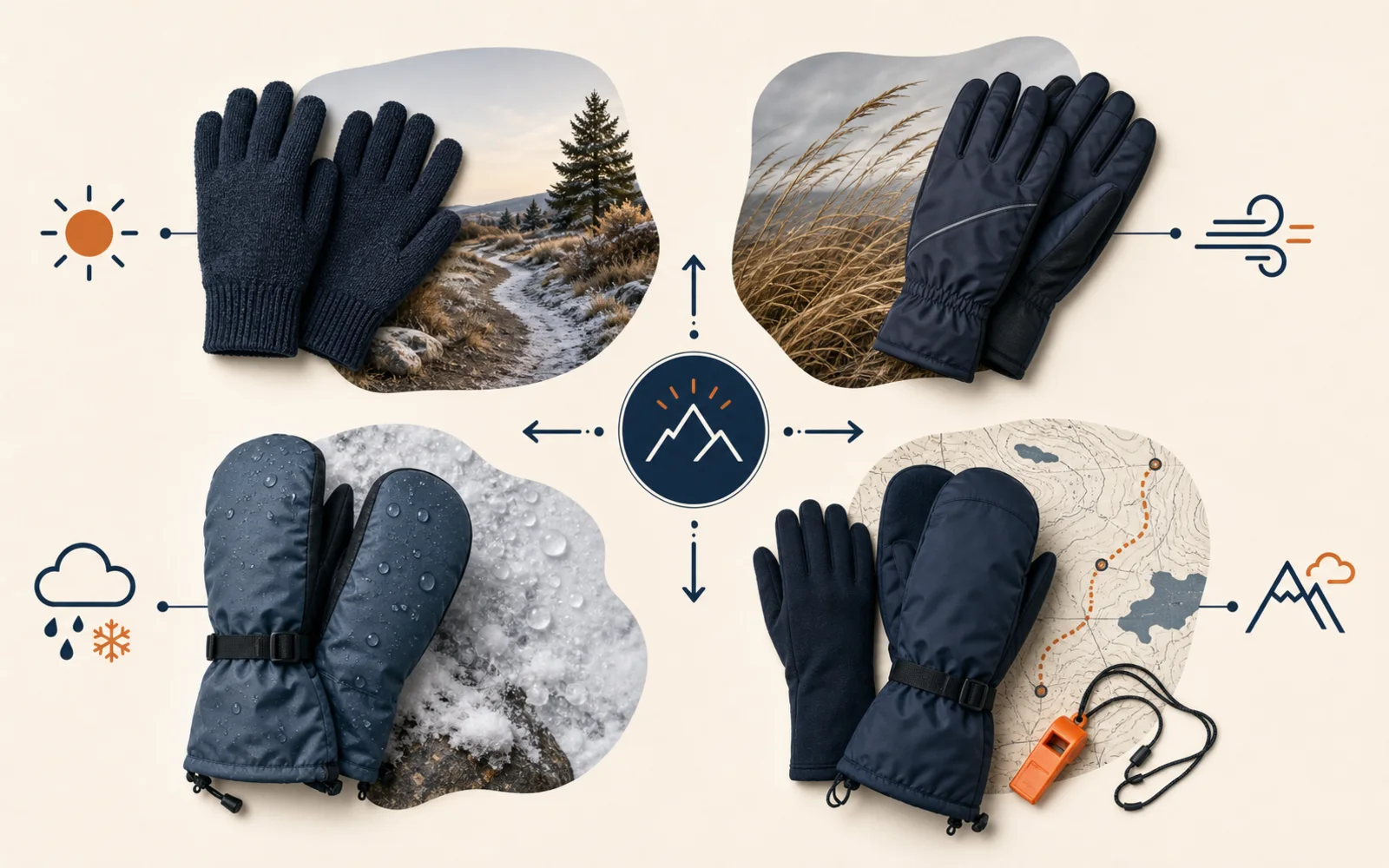 Decision map comparing lightweight knit gloves, wind-protective gloves, wet-weather mitts, and a layered system for remote winter runs