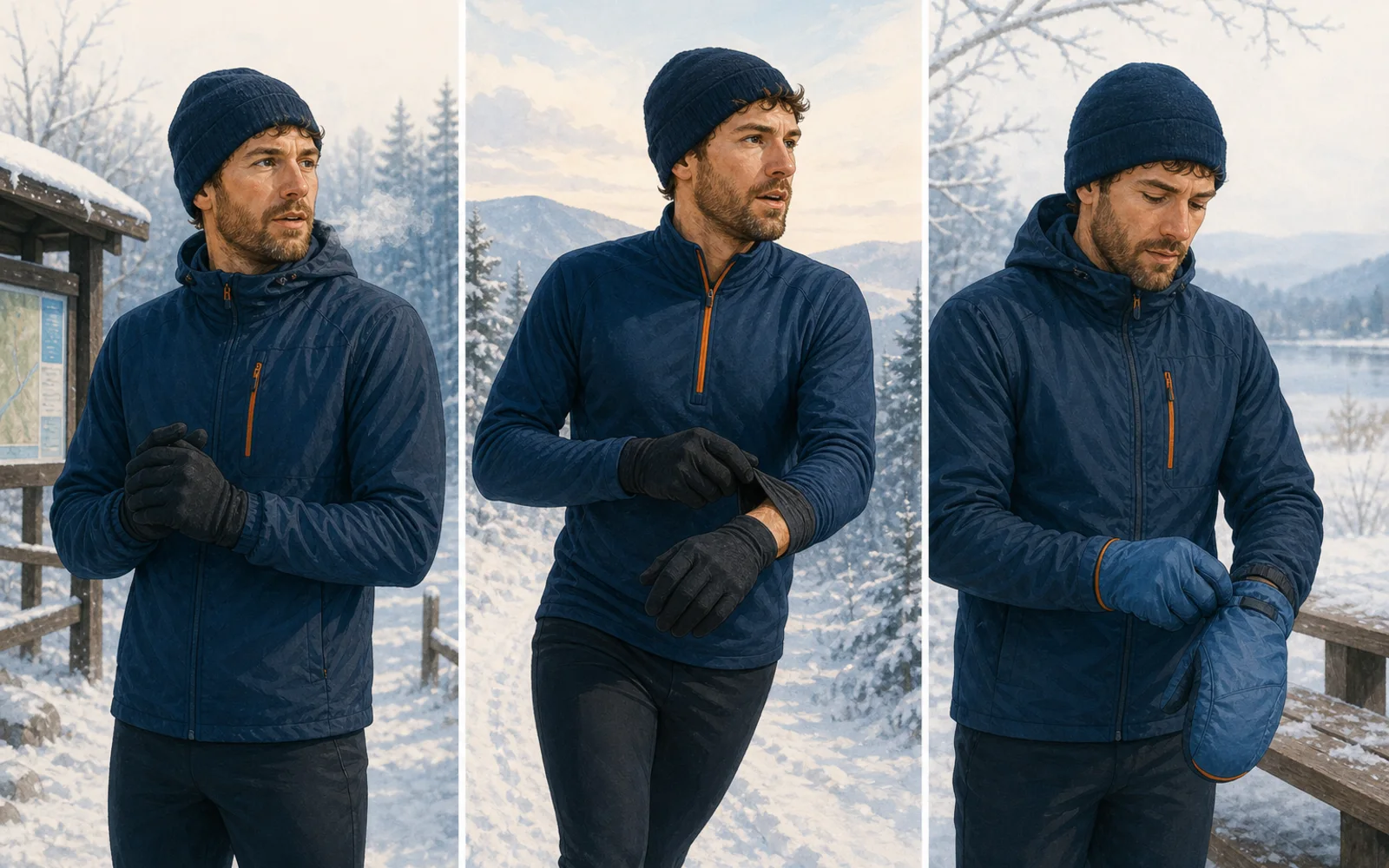 Three stages of a winter run showing gloves before starting, cuff venting during high effort, and an overmitt added after stopping