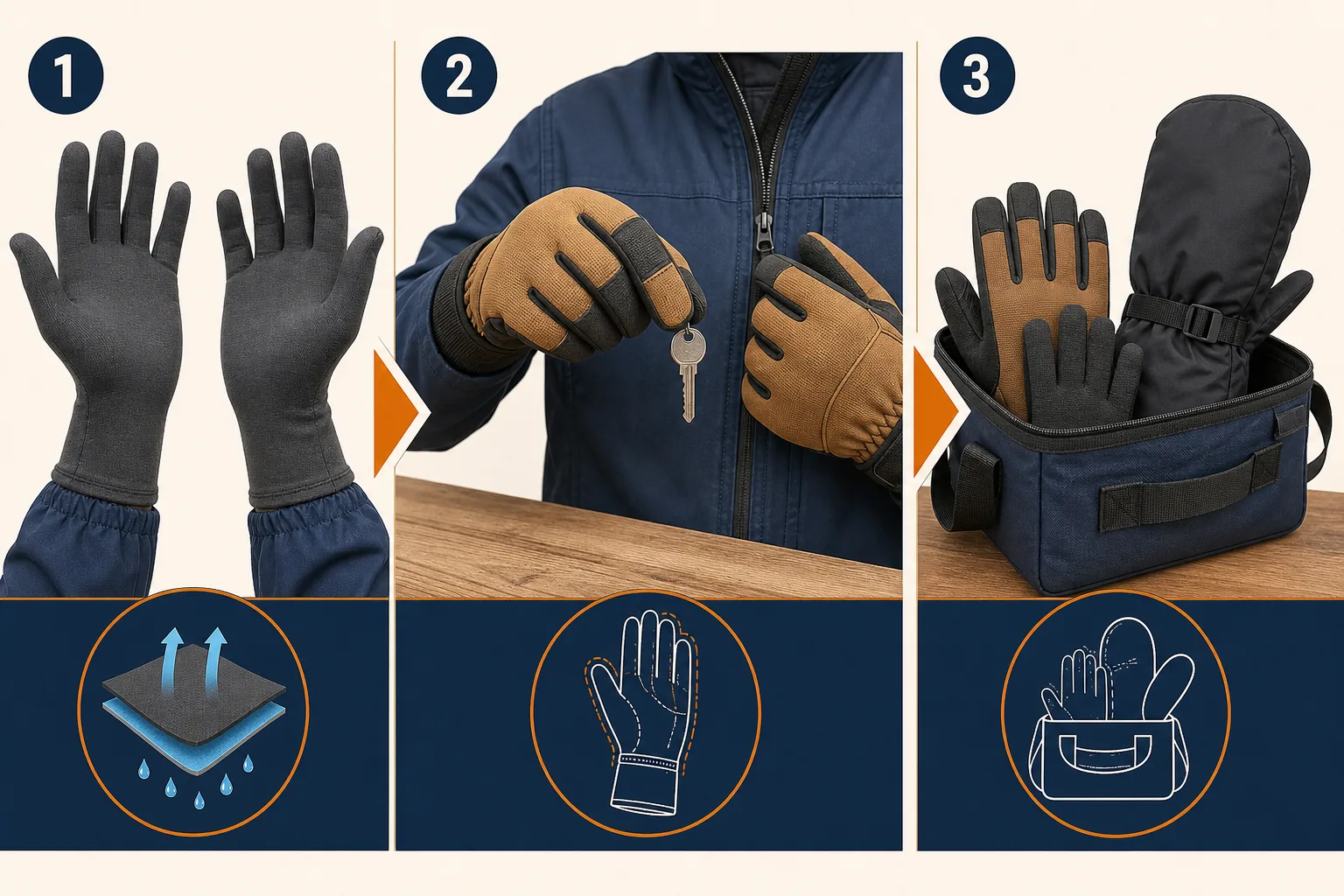 Three-stage winter glove system with liner, task glove, dry spare, and warmer over-mitt